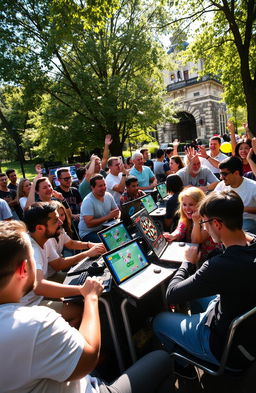 A lively outdoor scene filled with a group of enthusiastic players engaging in various video games