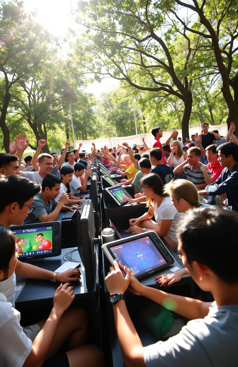 A lively outdoor scene filled with a group of enthusiastic players engaging in various video games