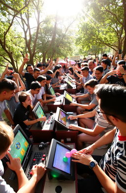 A lively outdoor scene filled with a group of enthusiastic players engaging in various video games