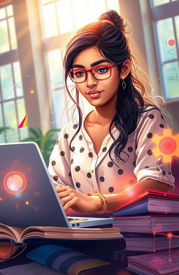A dynamic and vibrant digital artwork representing the journey of a young engineering student named Jeevitha
