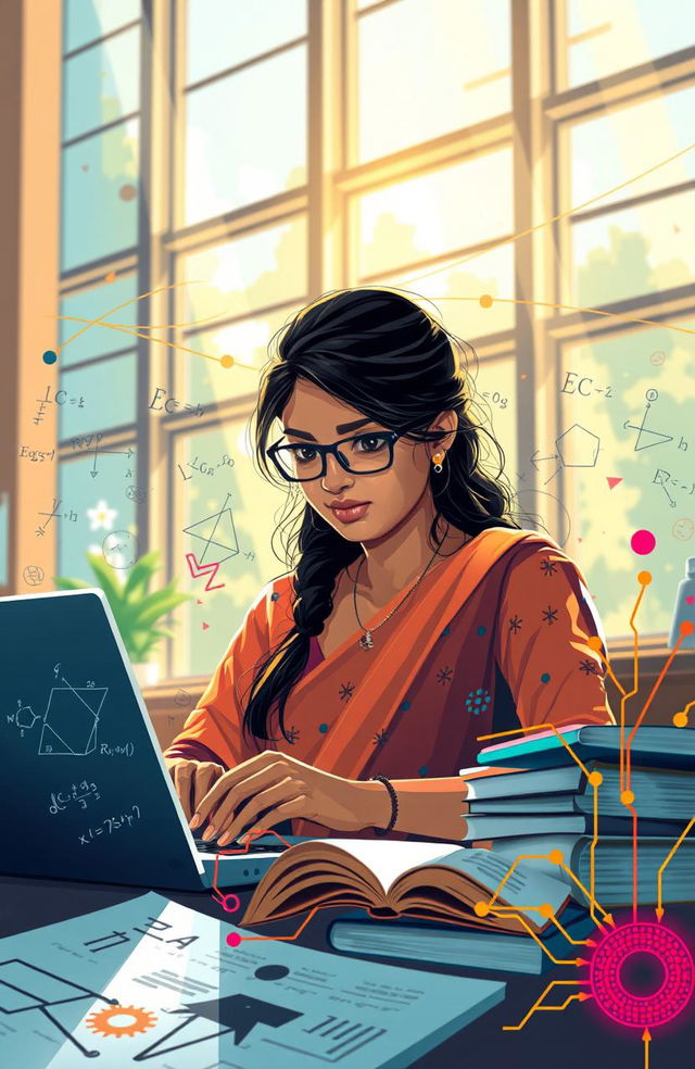 A dynamic and vibrant digital artwork representing the journey of a young engineering student named Jeevitha