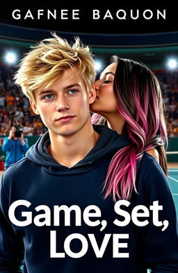 A college-aged man with messy blond hair looking face forward slightly sheepishly, wearing a navy hoodie, showcasing his athletic build
