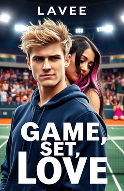 A college-aged man with messy blond hair looking face forward slightly sheepishly, wearing a navy hoodie, showcasing his athletic build