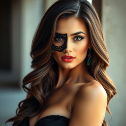 A stunningly attractive woman with an alluring expression, partially obscured by a stylish mask that highlights her features