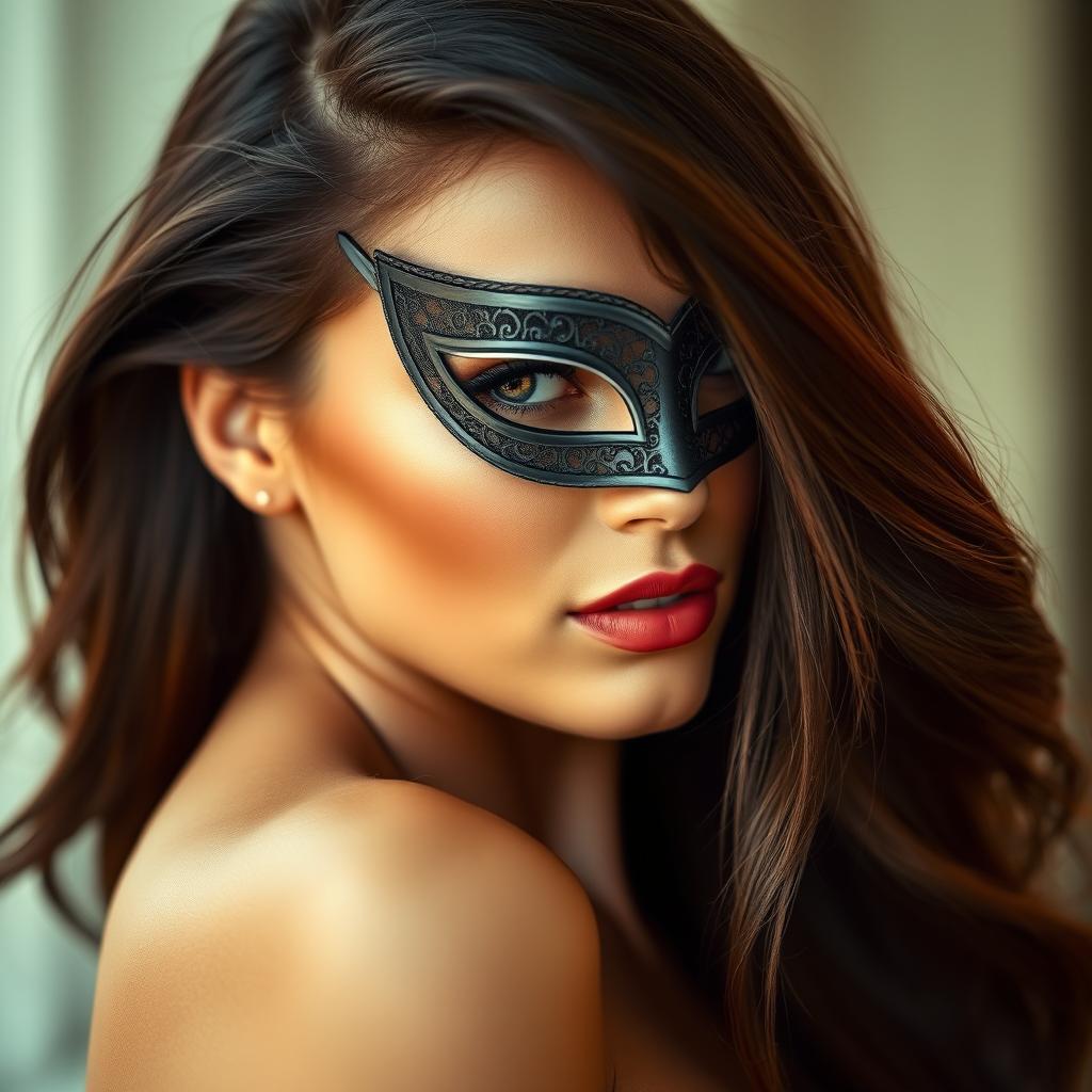 A stunningly attractive woman with an alluring expression, partially obscured by a stylish mask that highlights her features