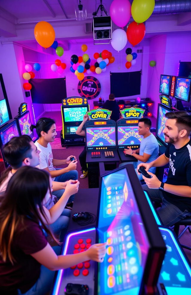 A dynamic scene featuring a group of five energetic players intensely engaged in video games