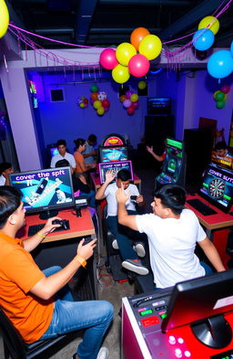 A dynamic scene featuring a group of five energetic players intensely engaged in video games