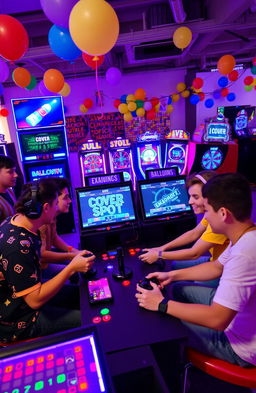 A dynamic scene featuring a group of five energetic players intensely engaged in video games