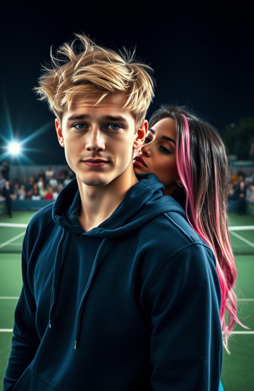 A college-aged man with messy blond hair, face forward with a slightly sheepish expression, wearing a navy hoodie, displaying an athletic build