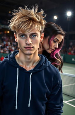 A college-aged man with messy blond hair, face forward with a slightly sheepish expression, wearing a navy hoodie, displaying an athletic build