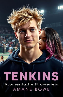 A college-aged man with messy blond hair, face forward with a slightly sheepish expression, wearing a navy hoodie, displaying an athletic build