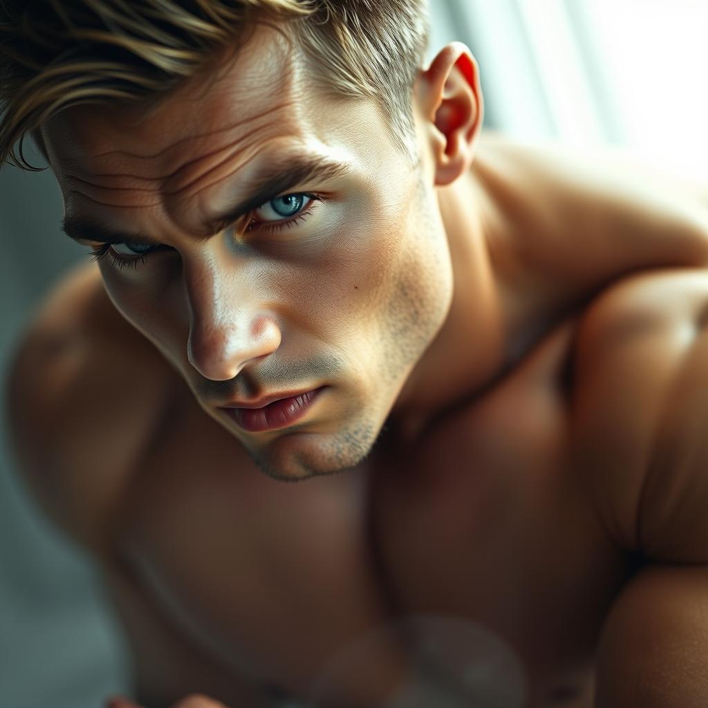 A close-up portrait of a confident and muscular man posed artistically