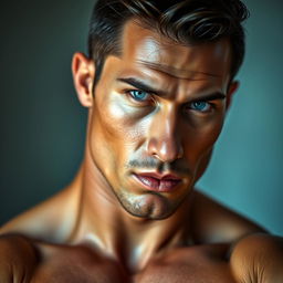 A close-up portrait of a confident and muscular man posed artistically