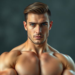 A close-up portrait of a confident and muscular man posed artistically