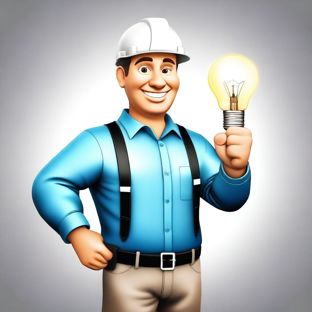 A digital art image of a friendly electrician worker in professional attire, holding a glowing light bulb in one hand and giving a thumbs-up sign with the other