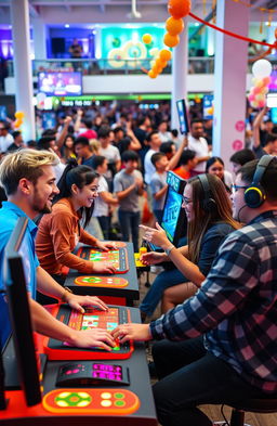 A vibrant scene of five players intensely engaged in different video games in an open area