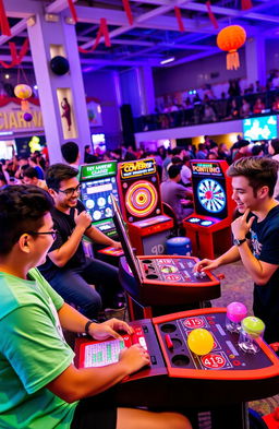 A vibrant scene of five players intensely engaged in different video games in an open area