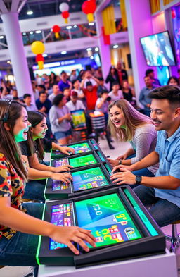 A vibrant scene of five players intensely engaged in different video games in an open area