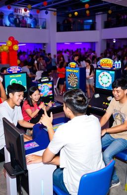 A vibrant scene of five players intensely engaged in different video games in an open area