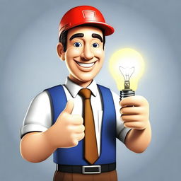 A digital art image of a friendly electrician worker in professional attire, holding a glowing light bulb in one hand and giving a thumbs-up sign with the other