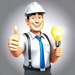 A digital art image of a friendly electrician worker in professional attire, holding a glowing light bulb in one hand and giving a thumbs-up sign with the other