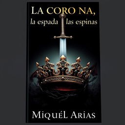 A striking book cover design featuring a beautifully crafted crown at the center, with a sharp sword dramatically piercing through it