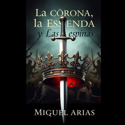 A striking book cover design featuring a beautifully crafted crown at the center, with a sharp sword dramatically piercing through it