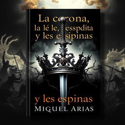 A striking book cover design featuring a beautifully crafted crown at the center, with a sharp sword dramatically piercing through it