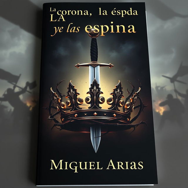 A striking book cover design featuring a beautifully crafted crown at the center, with a sharp sword dramatically piercing through it