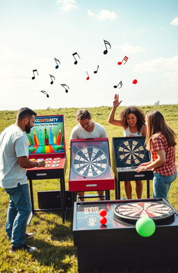 A group of five players gathered in an open area, deeply immersed in a thrilling gaming experience