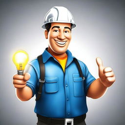 A digital art image of a friendly electrician worker in professional attire, holding a glowing light bulb in one hand and giving a thumbs-up sign with the other