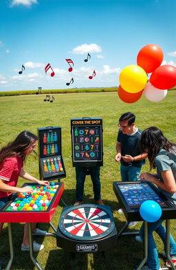 A group of five players gathered in an open area, deeply immersed in a thrilling gaming experience