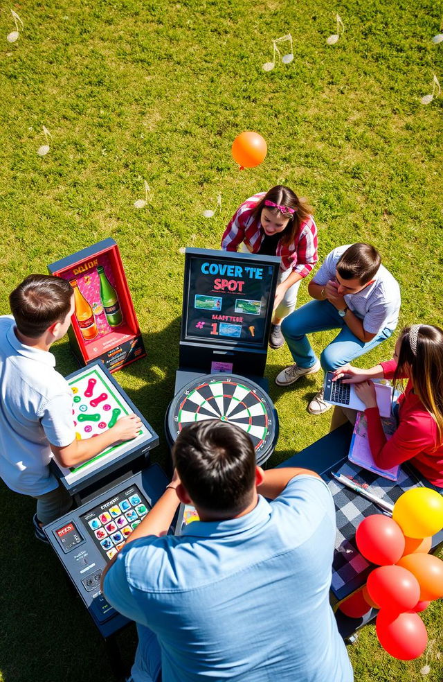 A group of five players gathered in an open area, deeply immersed in a thrilling gaming experience