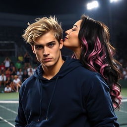 A college-aged man with messy blond hair looks directly at the viewer with a determined, intense expression