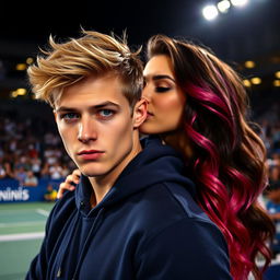 A college-aged man with messy blond hair looks directly at the viewer with a determined, intense expression