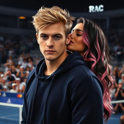 A college-aged man with messy blond hair looks directly at the viewer with a determined, intense expression