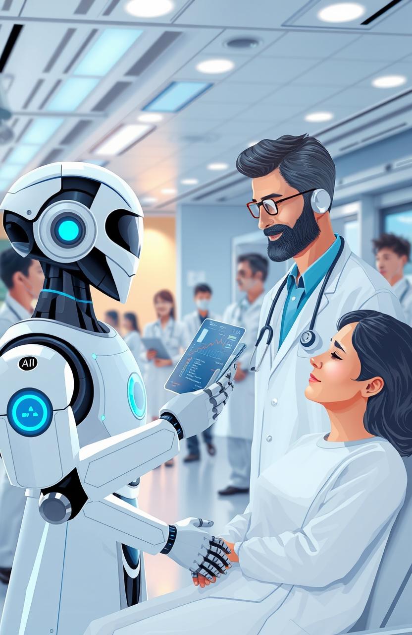 An illustration of a futuristic healthcare scene featuring advanced AI technology, showcasing a friendly robot assisting a doctor and a patient in a modern hospital setting