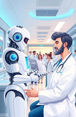 An illustration of a futuristic healthcare scene featuring advanced AI technology, showcasing a friendly robot assisting a doctor and a patient in a modern hospital setting