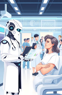 An illustration of a futuristic healthcare scene featuring advanced AI technology, showcasing a friendly robot assisting a doctor and a patient in a modern hospital setting