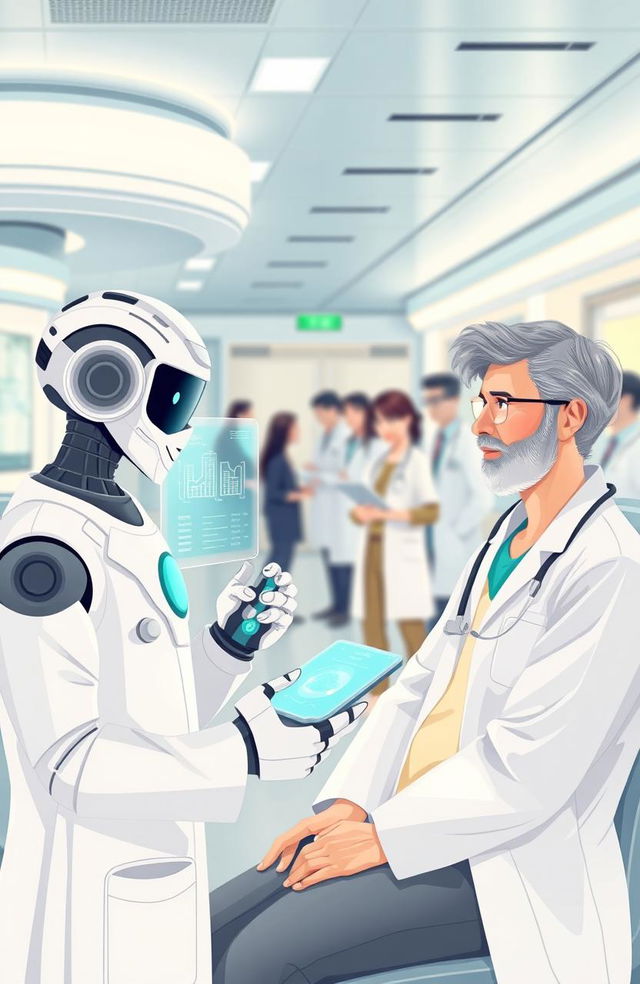 An illustration of a futuristic healthcare scene featuring advanced AI technology, showcasing a friendly robot assisting a doctor and a patient in a modern hospital setting