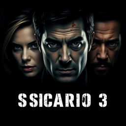 A captivating poster design for 'Sicario 3' featuring close-ups of the three main characters: Emily Blunt, Josh Brolin, and Benicio Del Toro, showcasing their sharp gazes and tense expressions