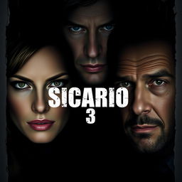 A captivating poster design for 'Sicario 3' featuring close-ups of the three main characters: Emily Blunt, Josh Brolin, and Benicio Del Toro, showcasing their sharp gazes and tense expressions