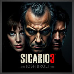 A captivating poster design for 'Sicario 3' featuring close-ups of the three main characters: Emily Blunt, Josh Brolin, and Benicio Del Toro, showcasing their sharp gazes and tense expressions