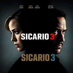 A captivating poster design for 'Sicario 3' featuring close-ups of the three main characters: Emily Blunt, Josh Brolin, and Benicio Del Toro, showcasing their sharp gazes and tense expressions