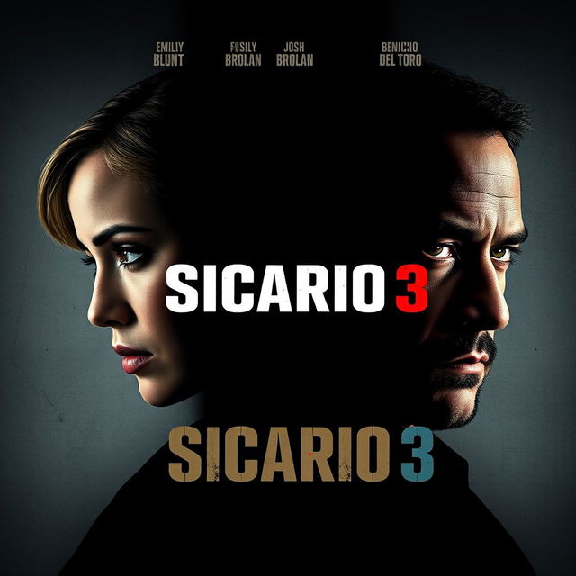 A captivating poster design for 'Sicario 3' featuring close-ups of the three main characters: Emily Blunt, Josh Brolin, and Benicio Del Toro, showcasing their sharp gazes and tense expressions