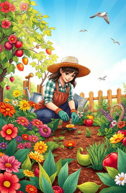 A detailed and colorful illustration of a gardener working in a lush, vibrant garden filled with various flowers, vegetables, and fruit trees