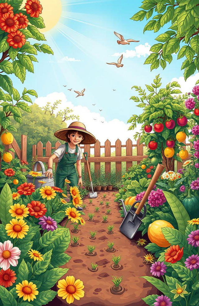 A detailed and colorful illustration of a gardener working in a lush, vibrant garden filled with various flowers, vegetables, and fruit trees