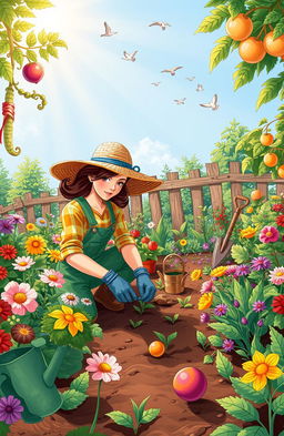 A detailed and colorful illustration of a gardener working in a lush, vibrant garden filled with various flowers, vegetables, and fruit trees