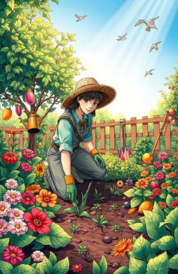 A detailed and colorful illustration of a gardener working in a lush, vibrant garden filled with various flowers, vegetables, and fruit trees