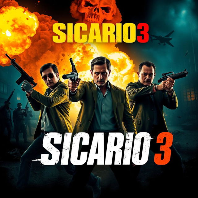 An electrifying poster design for 'Sicario 3,' featuring the three main characters holding weapons in a dramatic action scene